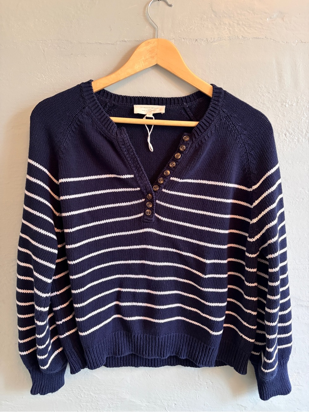 Sézane Léontine Striped Navy Button-Front Sweater
